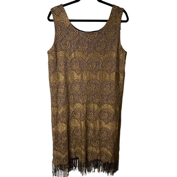 SL Fashions Vintage Flapper Dress Gold Black Fringe‎ Size 16W #696070 - Picture 5 of 9